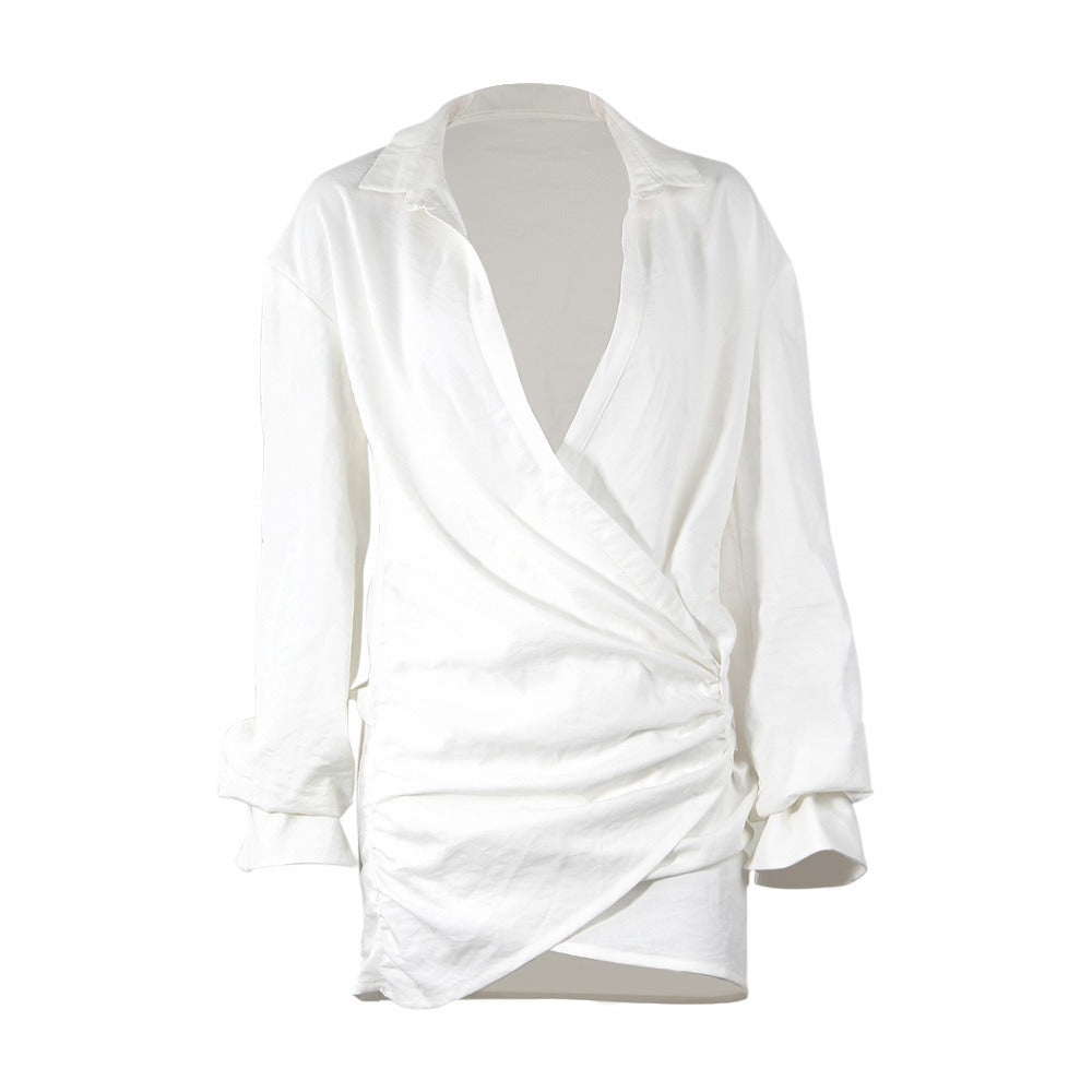Long Sleeve White Shirt Deep V Linen Dress