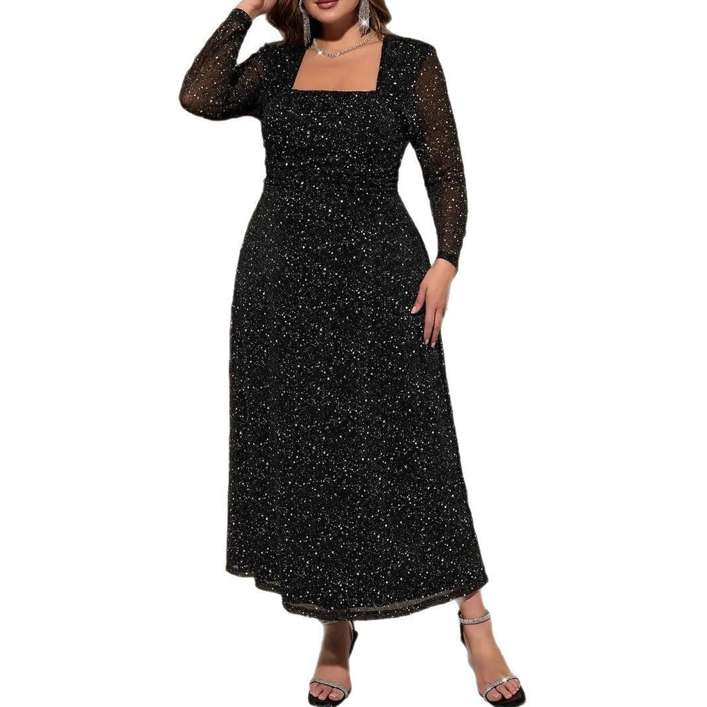 Vintage Square Neck Sequin Dress for Women Elegant Fitted Long Dress with Waist Definition