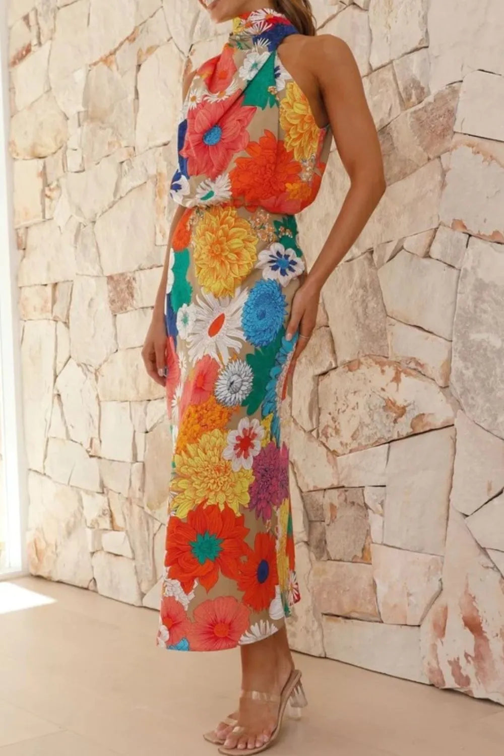 Floral Tied Back Sleeveless Midi Dress