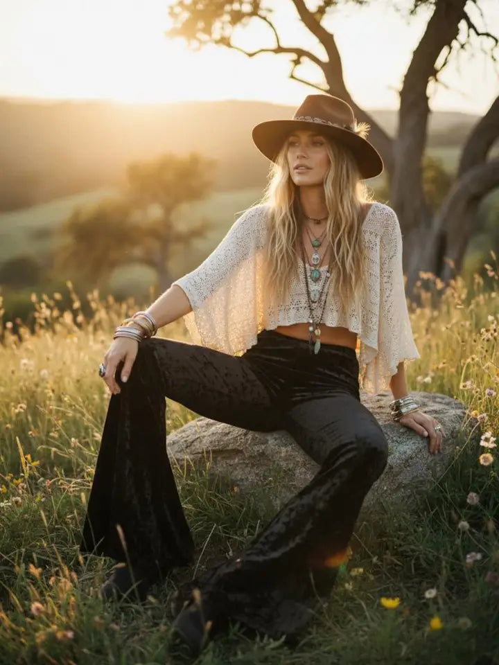 Stylish black velvet bell bottom pants paired with a modern cowgirl outfit for country fashion lovers.