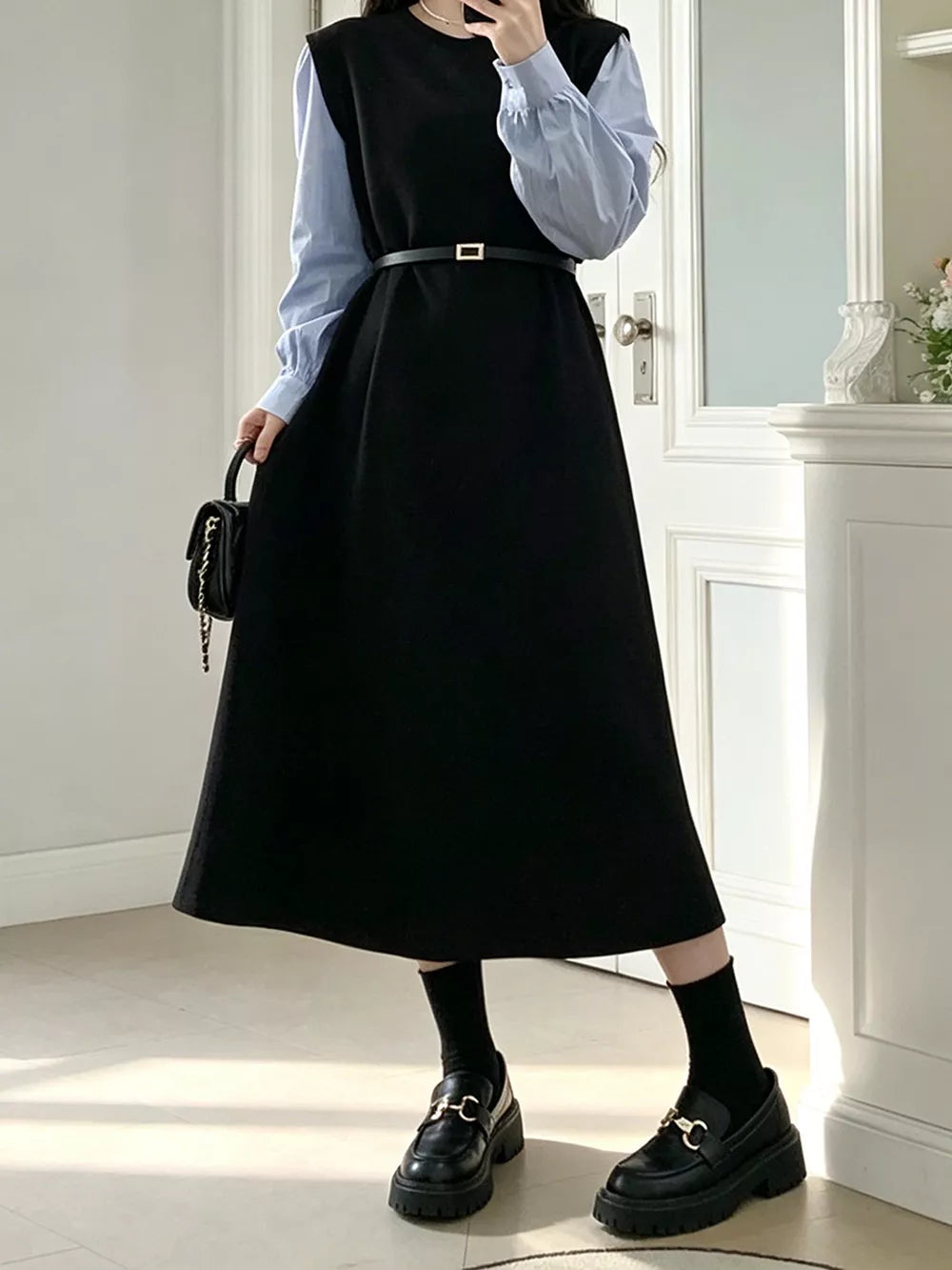 Contrast Sleeve A-Line Dress with Belt