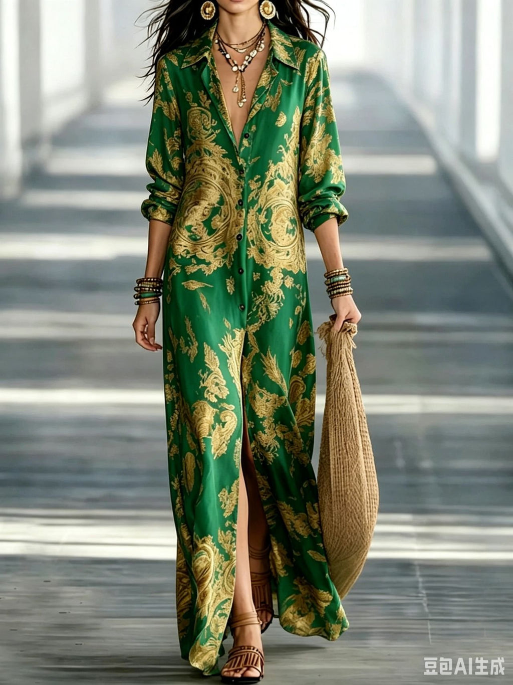 Blue Tone Printed Chiffon Turn-down Collar Split Resort Beach Dress