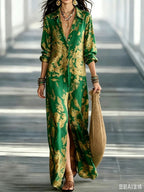 Blue Tone Printed Chiffon Turn-down Collar Split Resort Beach Dress