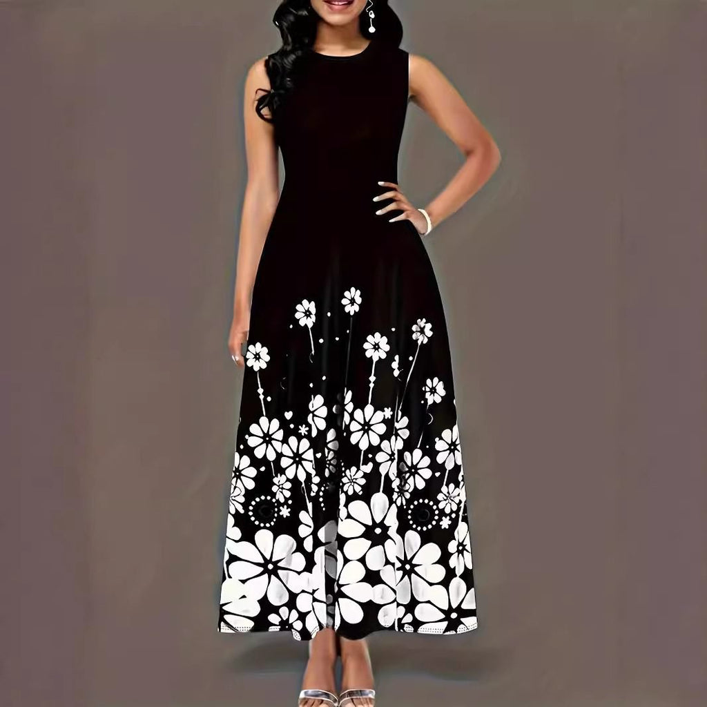 Printed Sleeveless Loose Round Neck Simple Elegant Dress