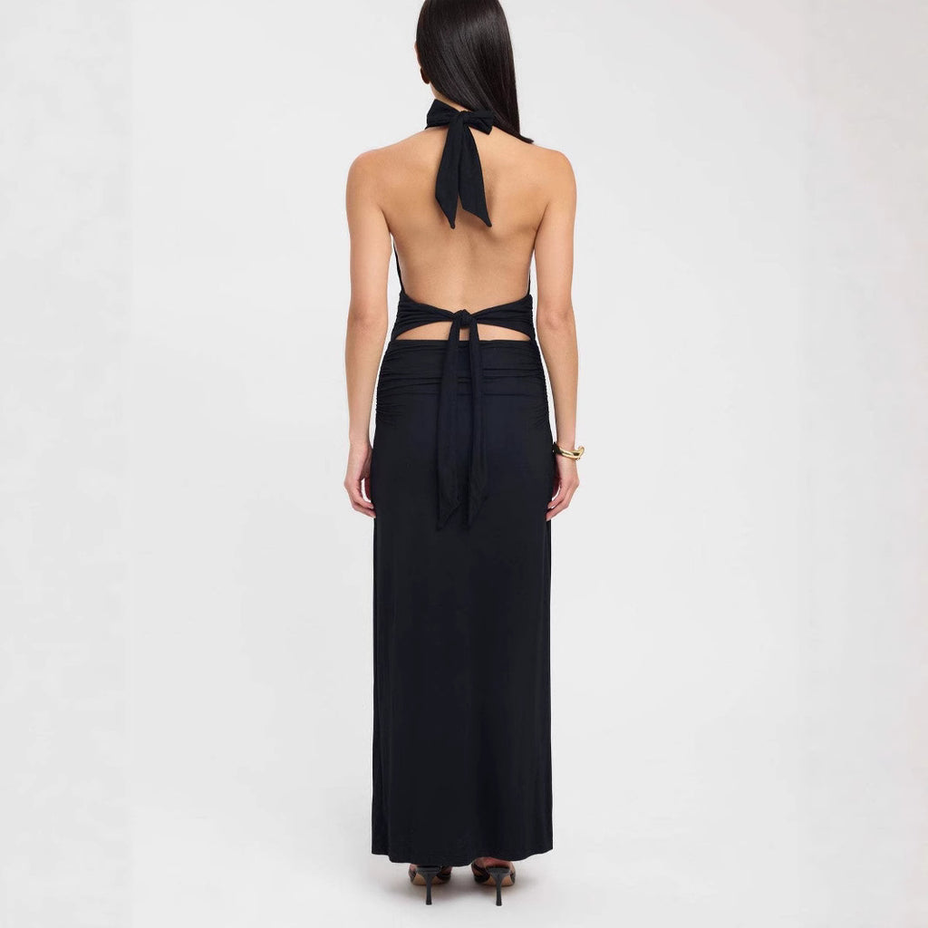 Deep V-Neck Tied Back Slit Solid Color Fitted Long Dress