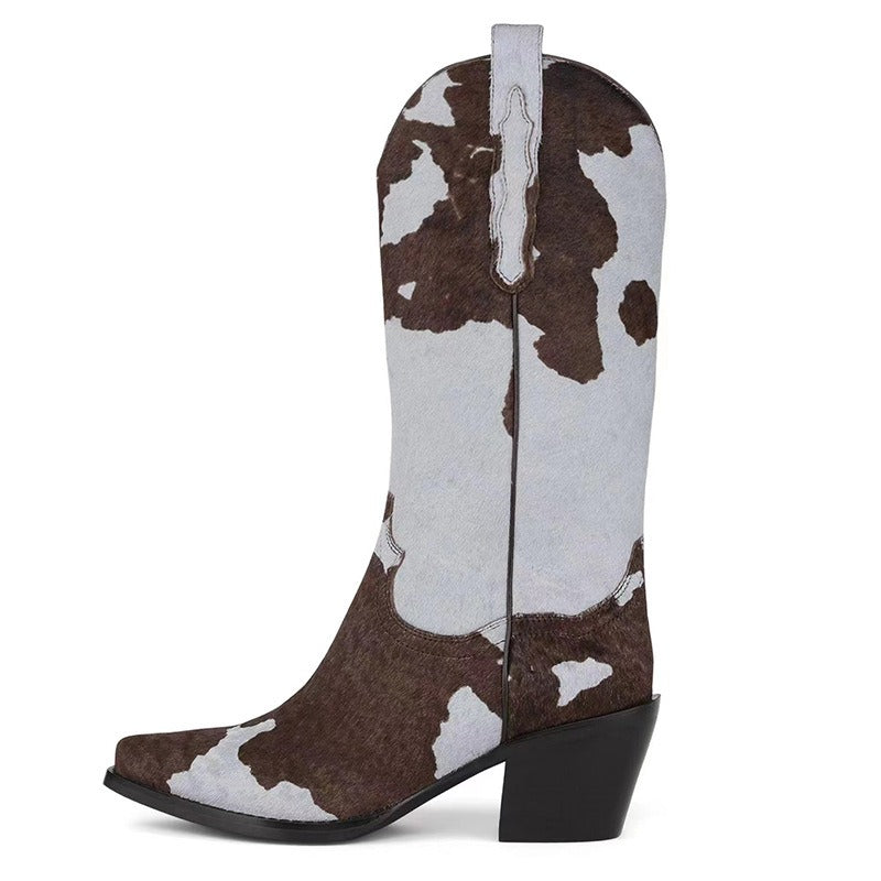 Knee-Length Elastic Rider Boots Round Heel Square Toe Western Boots Plus Size Knee-High Women's Boots