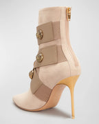 Gold Round Badge Short Boots Pointed Toe Metal Stiletto Heels Zipper Boots Sexy Fashionable Party Boots for Women