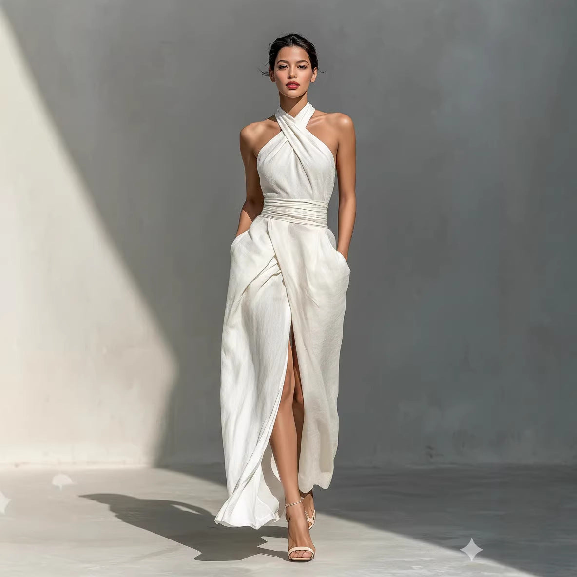 Sleeveless elegant slim fit pure white dress