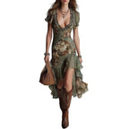 Vintage Oil Painting Print Irregular Hem Ruffle Sleeveless Fitted Western Style Long Dress