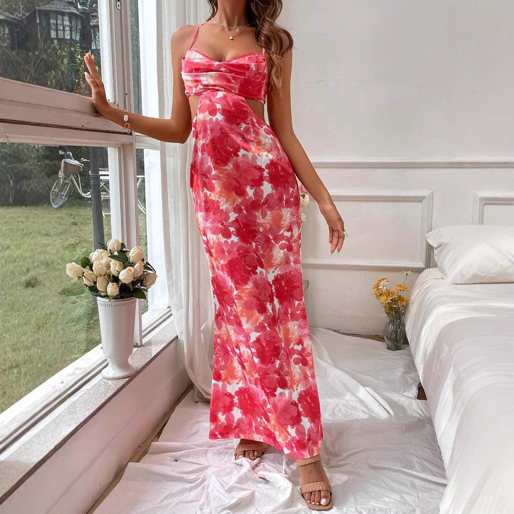 Elegant Backless Cut-Out Sleeveless Dress with Ruffles and Hollow-Back Design, Formal Evening Gown Style Long Dress