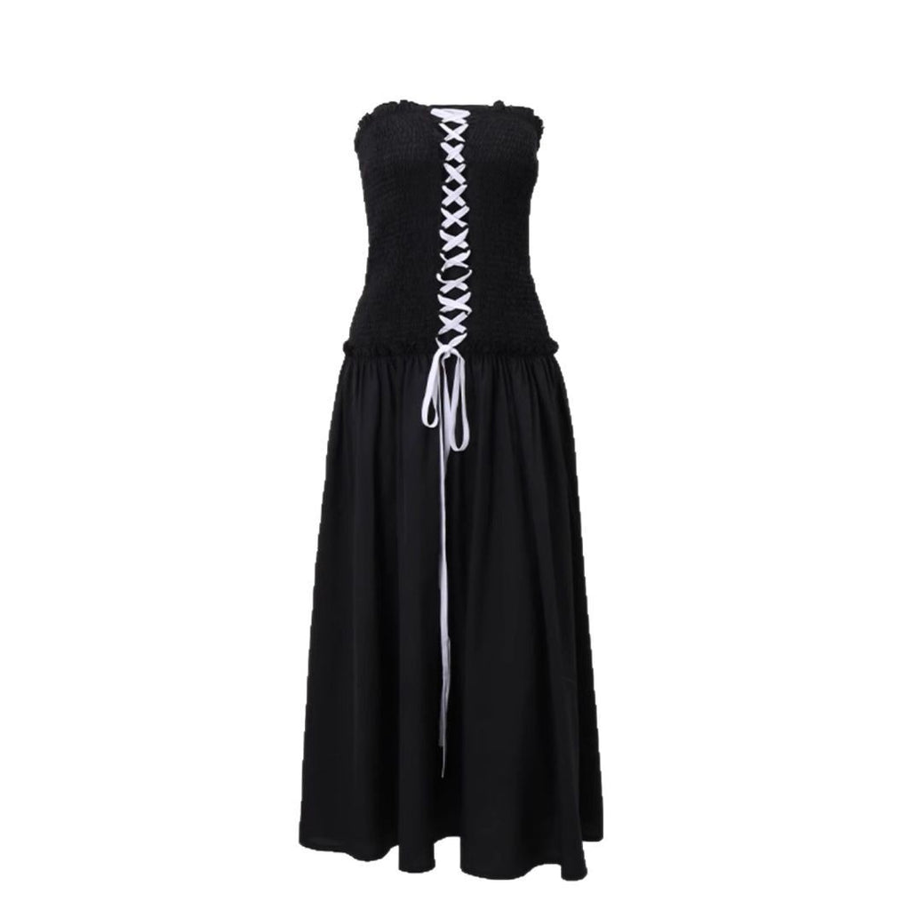 Strapless A-Line Tie-Waist Long Black Dress