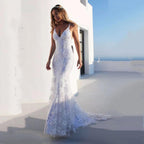 Elegant V-Neck White Strap Long Evening Gown
