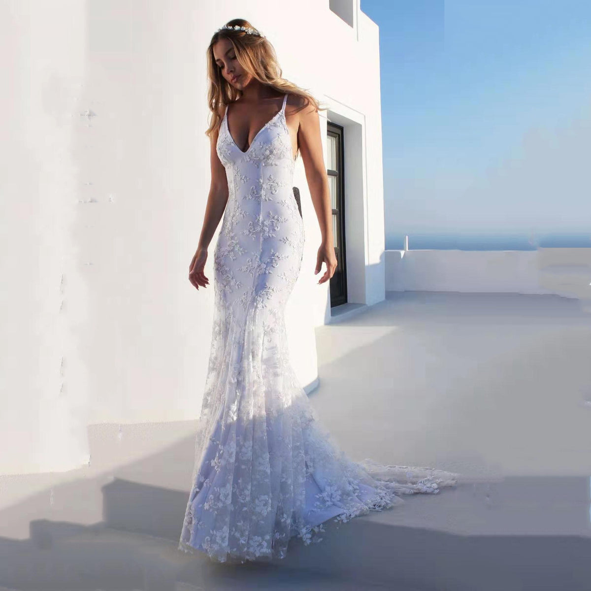 Elegant V-Neck White Strap Long Evening Gown