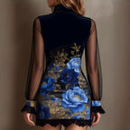 Sexy Lace Trim Patchwork Dress with Elegant Printed Tulle Design Fitted Mini Dress