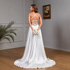 Sleeveless strapless white satin wedding evening dress