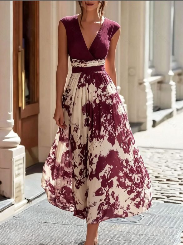 Elegant Long Sleeveless V-Neck Blue and White Porcelain Print Dress Summer Formal Dress