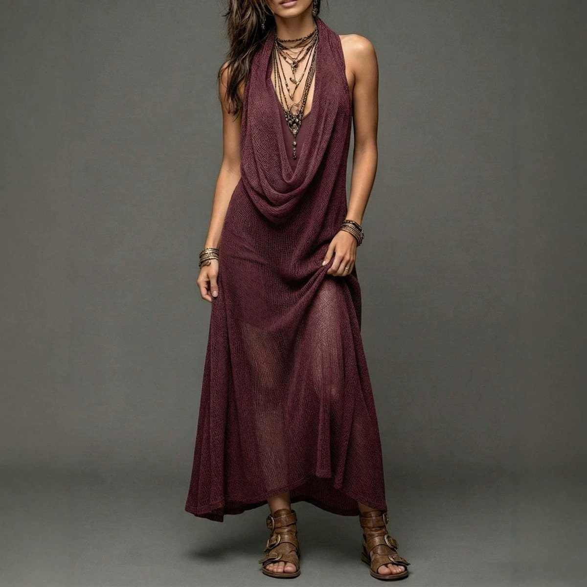 Bohemian Beach Vacation Strapless Knit Cami Dress Set Long Dress Two-Piece