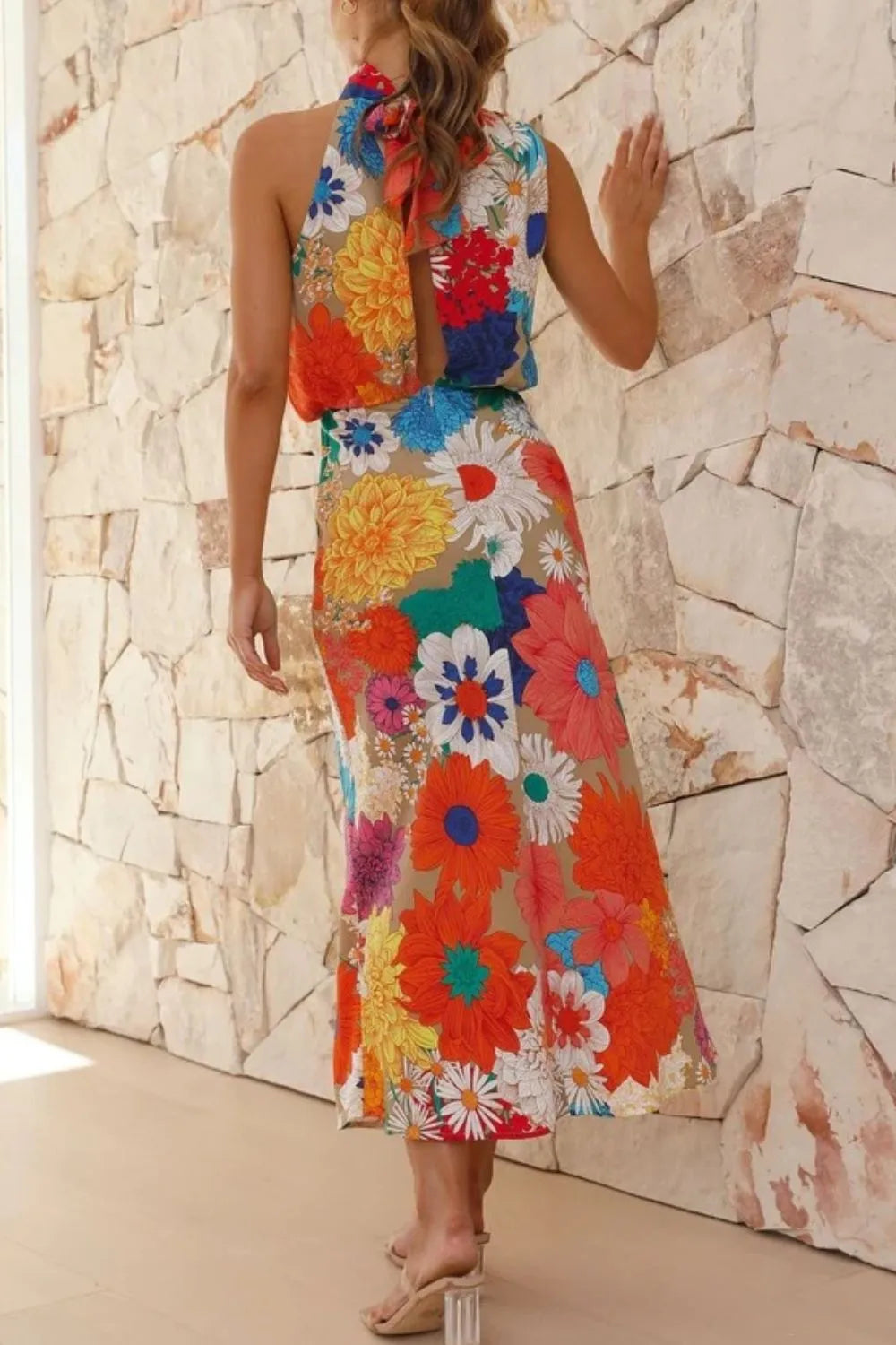 Floral Tied Back Sleeveless Midi Dress