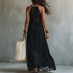 Style Black Lace Trim Sleeveless Long Dress Loose Vacation Style Maxi Dress Lace Dress