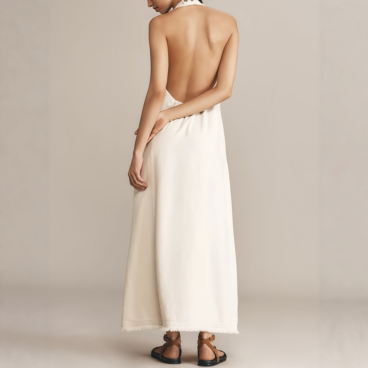 Elegant V-Neck Sleeveless White Long Dress for Women, Casual Office Style Single Button ClosureBackless Design