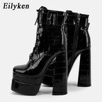 New super high heel square head large women's leather boots with strap and thick heel short boots double waterproof platform boots