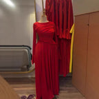 Elegant Long Sleeve Pleated Ruffle Resort Stretchy Maxi Dress