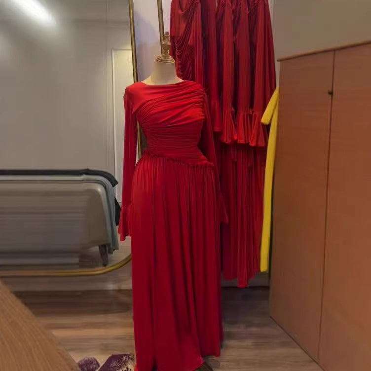 Elegant Long Sleeve Pleated Ruffle Resort Stretchy Maxi Dress