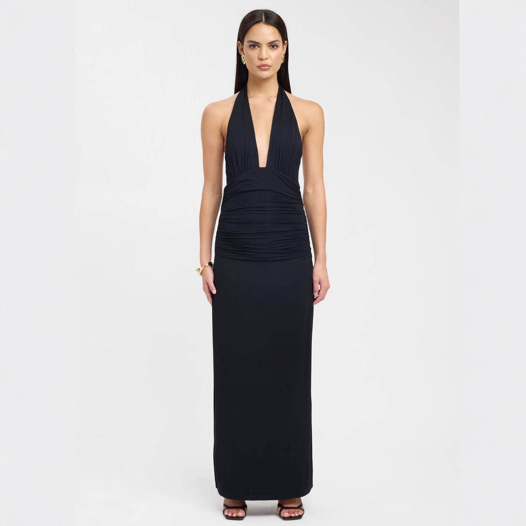 Deep V-Neck Tied Back Slit Solid Color Fitted Long Dress
