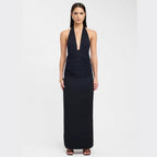 Deep V-Neck Tied Back Slit Solid Color Fitted Long Dress