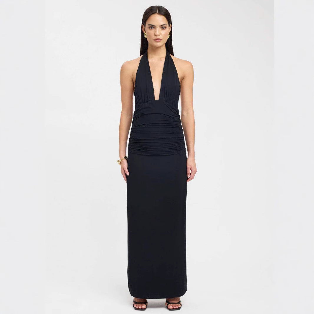 Deep V-Neck Tied Back Slit Solid Color Fitted Long Dress