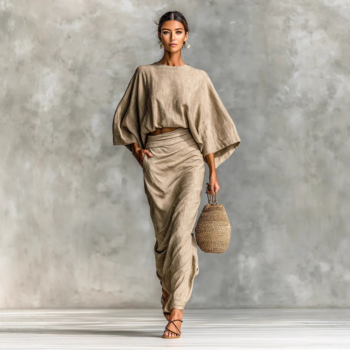 Casual Cotton Linen Women's Outfit Set Autumn Winter Batwing Sleeve Top with Pockets and Back Slit Long Dress