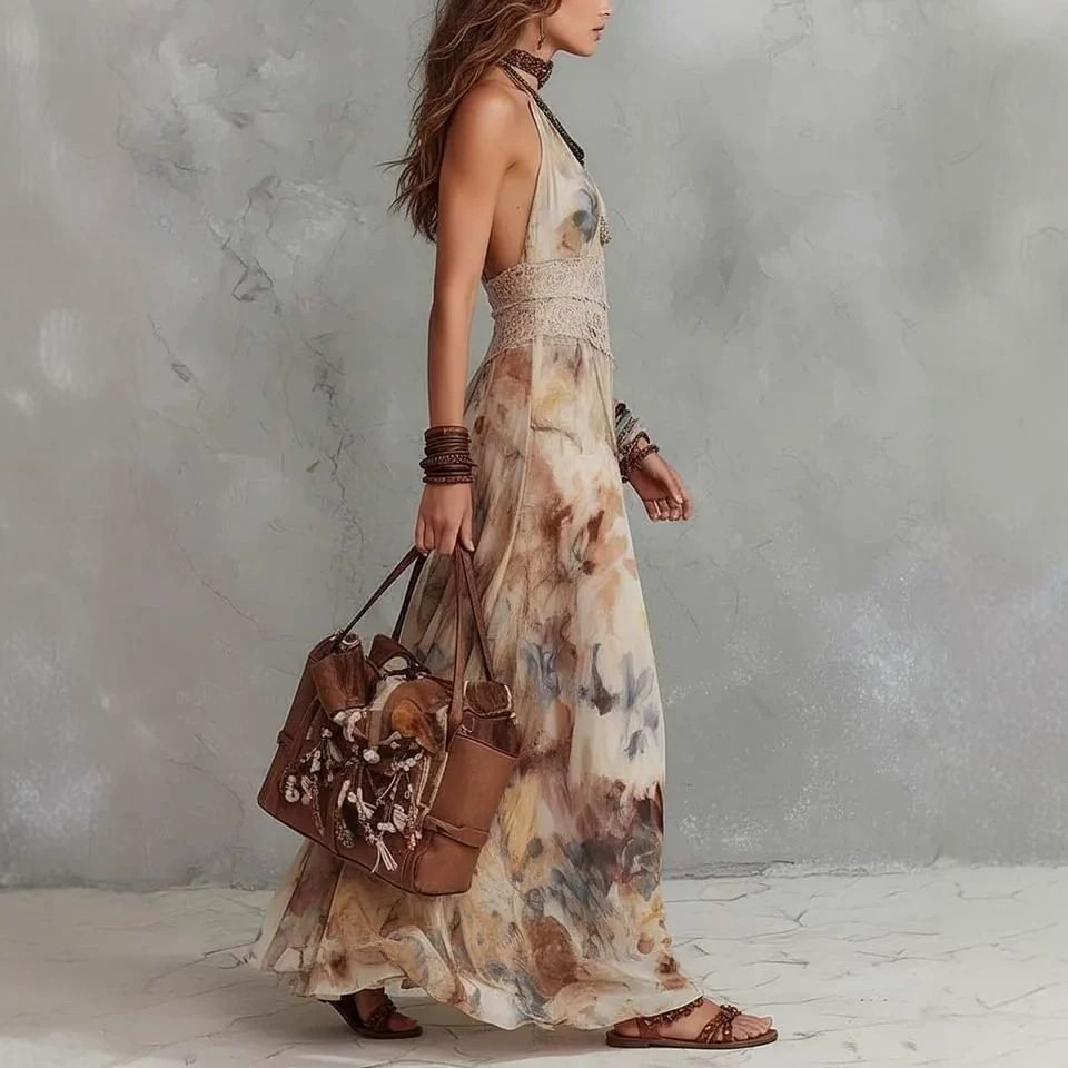 French Vintage Painted Floral Backless Strapless Summer Beach Vacation Long Dress