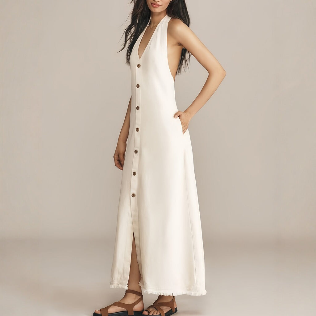 Elegant V-Neck Sleeveless White Long Dress for Women, Casual Office Style Single Button ClosureBackless Design