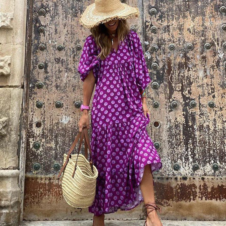 Bohemian Print Long Sleeve Maxi Dress for Women Fashion Spring Style Flowy Long Dress