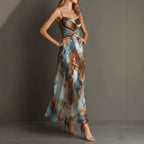 Fashionable Elegant Printed Dress with Sexy Straps, Waist-Cinching Flowy Beach Long Dress