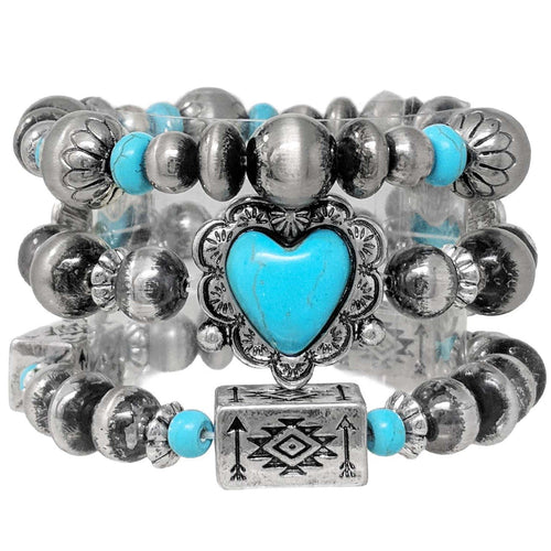Aztec Heart Stone Navajo Beads Three Piece Bracelet