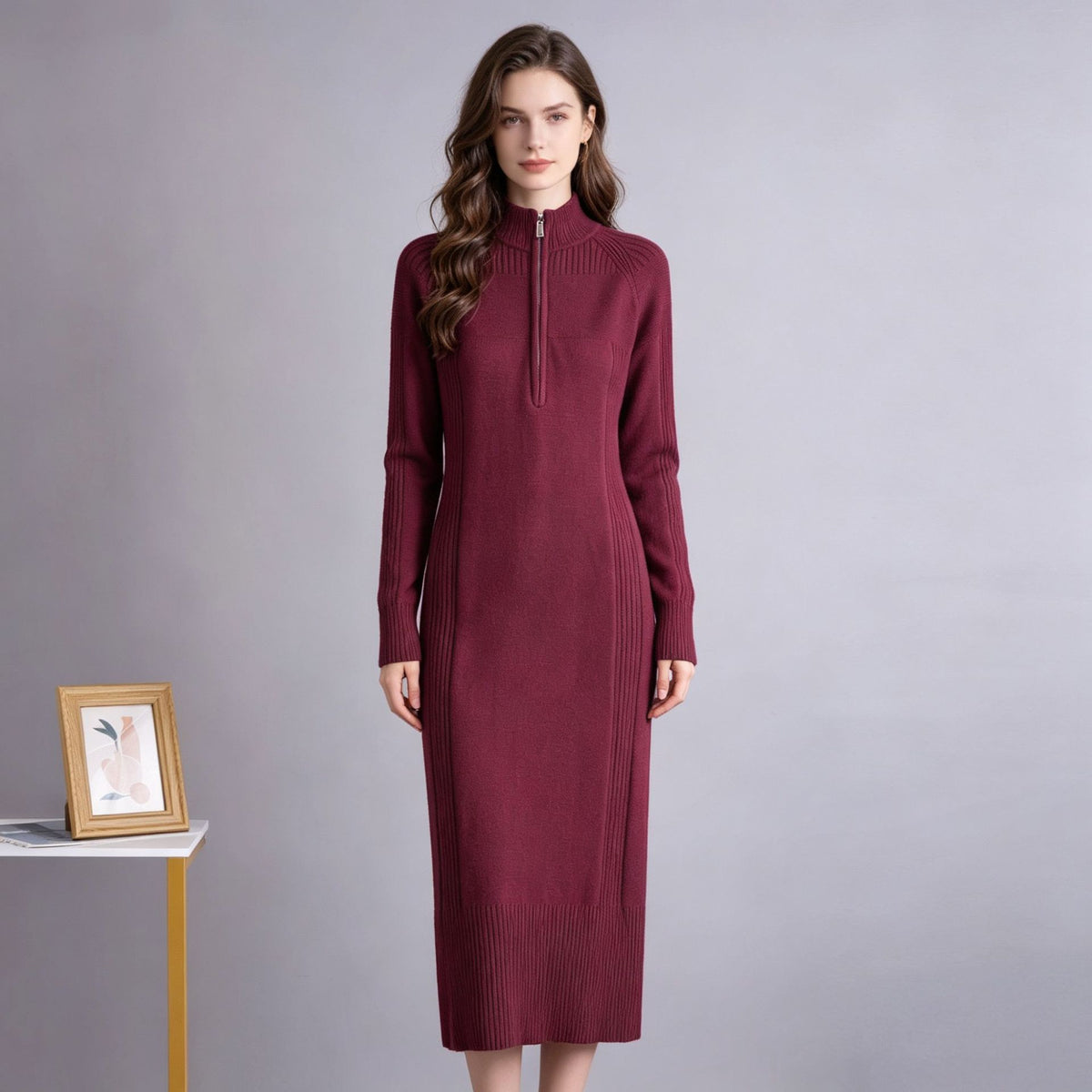 Half zip half high neck mid length skirt