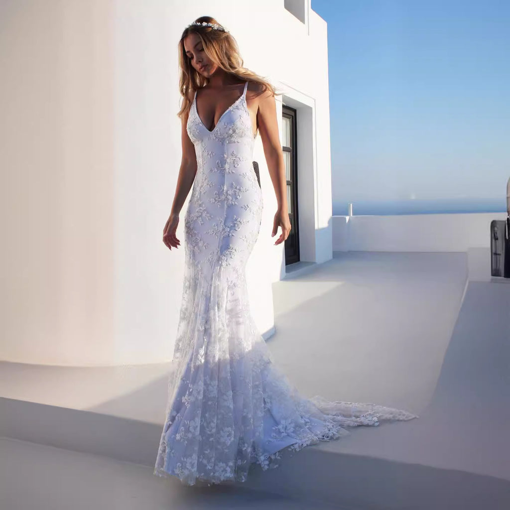 Elegant V-Neck White Strap Long Evening Gown