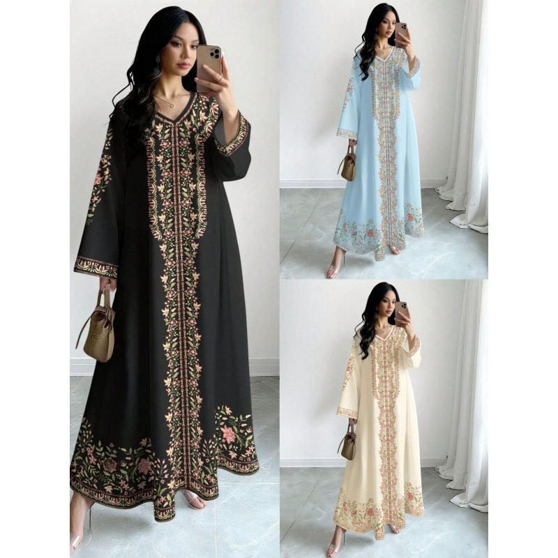 Women's Plant Flower Printed Fashion Casual Loose Horn V-neck Long Dress for Women