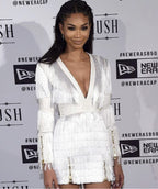 White V-Neck Fringed Long Sleeve Bandage Dress
