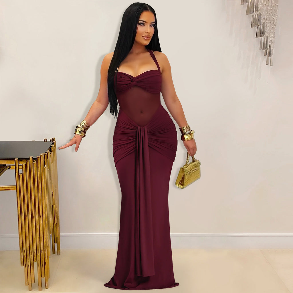 Sheer Mesh Halter Tie-Back Dress