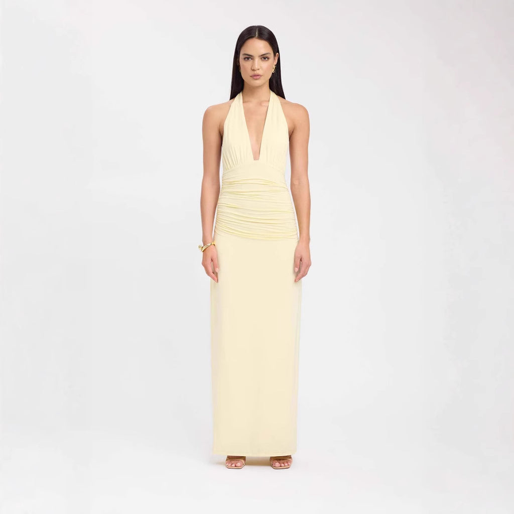Deep V-Neck Tied Back Slit Solid Color Fitted Long Dress