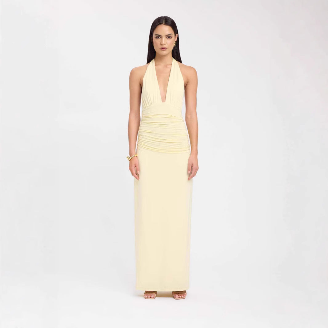 Deep V-Neck Tied Back Slit Solid Color Fitted Long Dress