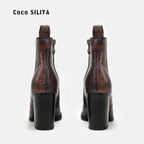 Large Size Short Boots British Style Martin Boots Thick With High Heel Pointed And Naked Boots Snakeskin Pattern