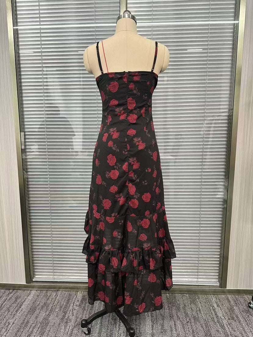 Style Floral Print Strap Irregular Ruffle Hem A-Line Dress