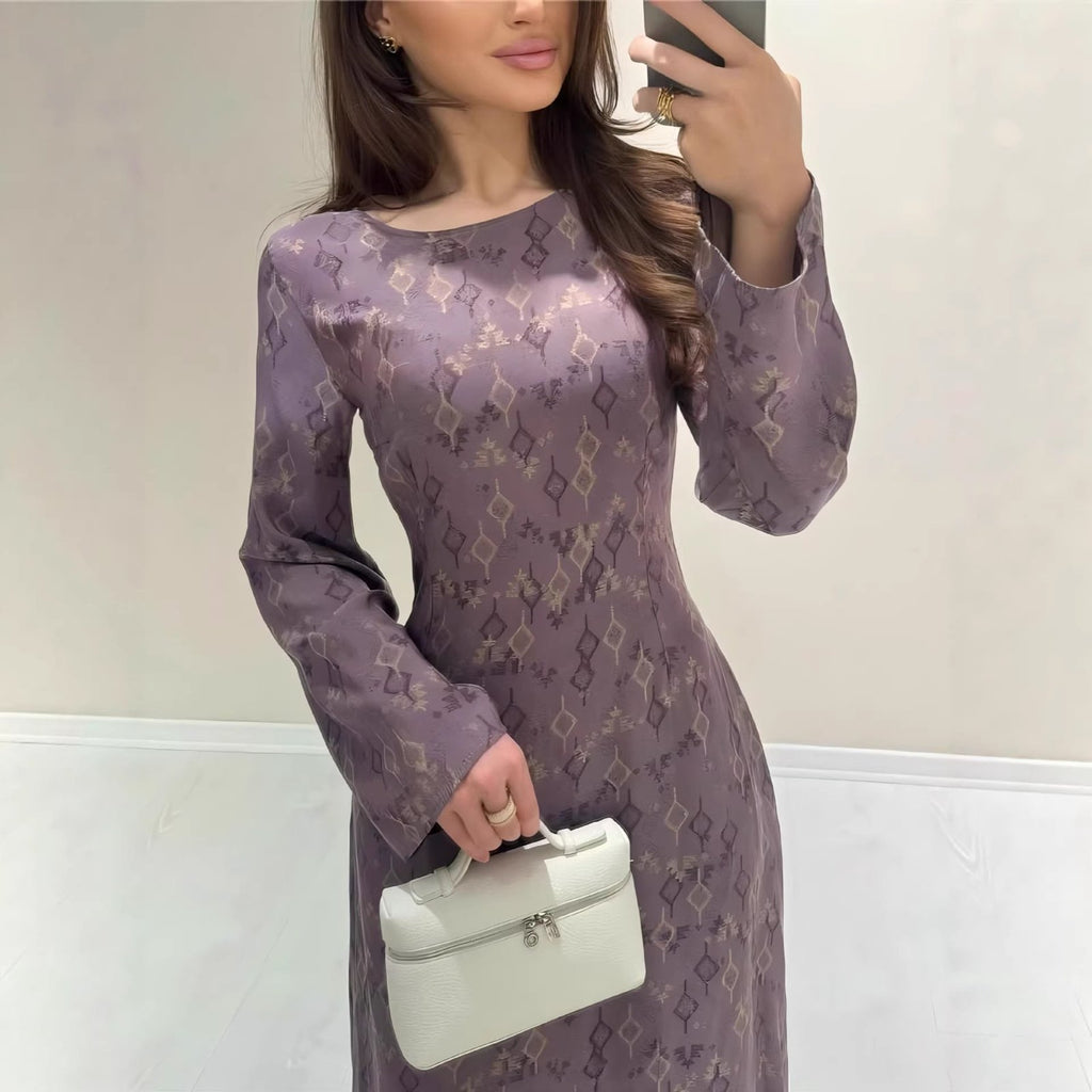 Vintage Style Long Sleeve Dress, Purple Slim Fit Maxi Dress, Waist-Cinching Women's Dress for Export