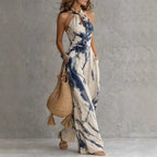 New halter backless jumpsuit, blue and white tie-dye wide-leg pants, summer beach women's wear