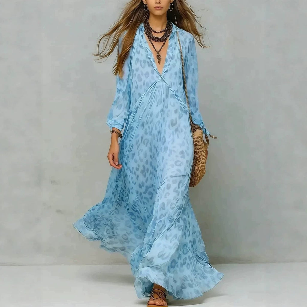 Leopard Print Chiffon Long Dress Deep V-Neck Three-Quarter Sleeve Flared Beach Vacation Dress