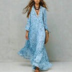 Leopard Print Chiffon Long Dress Deep V-Neck Three-Quarter Sleeve Flared Beach Vacation Dress