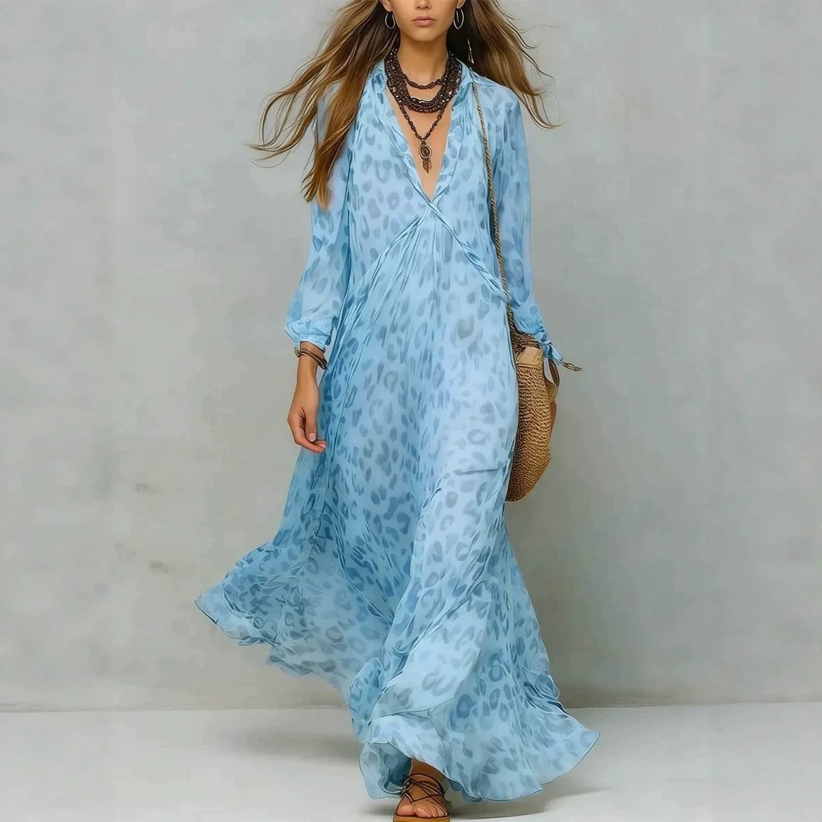 Leopard Print Chiffon Long Dress Deep V-Neck Three-Quarter Sleeve Flared Beach Vacation Dress